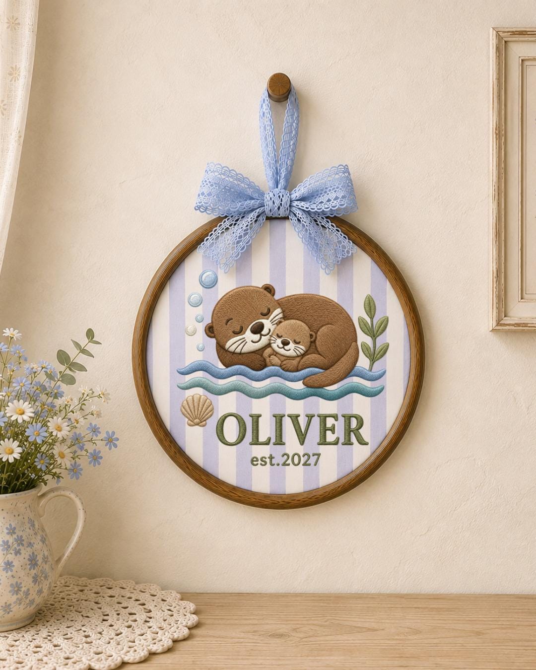 Personalized Embroidered Otter Ornament, Custom Baby Name Hoop, Sea Otter Nursery Decor, Newborn Keepsake Gift, Baby Shower Gift