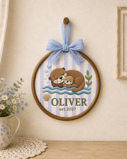 Personalized Embroidered Otter Ornament, Custom Baby Name Hoop, Sea Otter Nursery Decor, Newborn Keepsake Gift, Baby Shower Gift