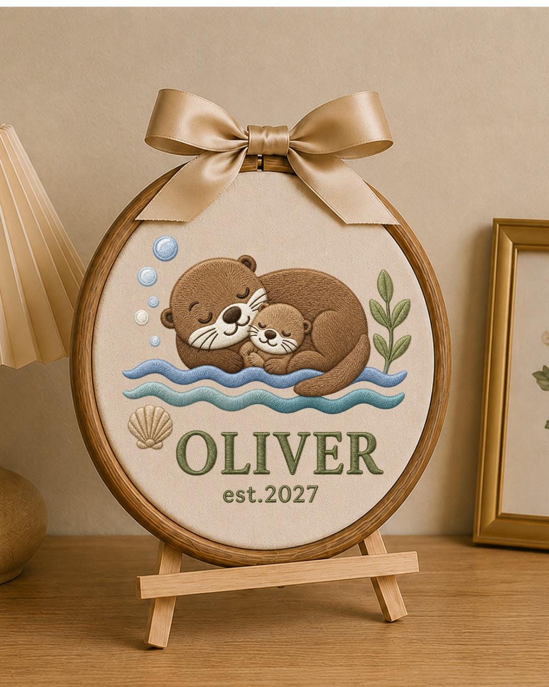 Personalized Embroidered Otter Ornament, Custom Baby Name Hoop, Sea Otter Nursery Decor, Newborn Keepsake Gift, Baby Shower Gift