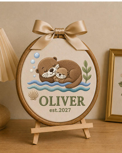 Personalized Embroidered Otter Ornament, Custom Baby Name Hoop, Sea Otter Nursery Decor, Newborn Keepsake Gift, Baby Shower Gift