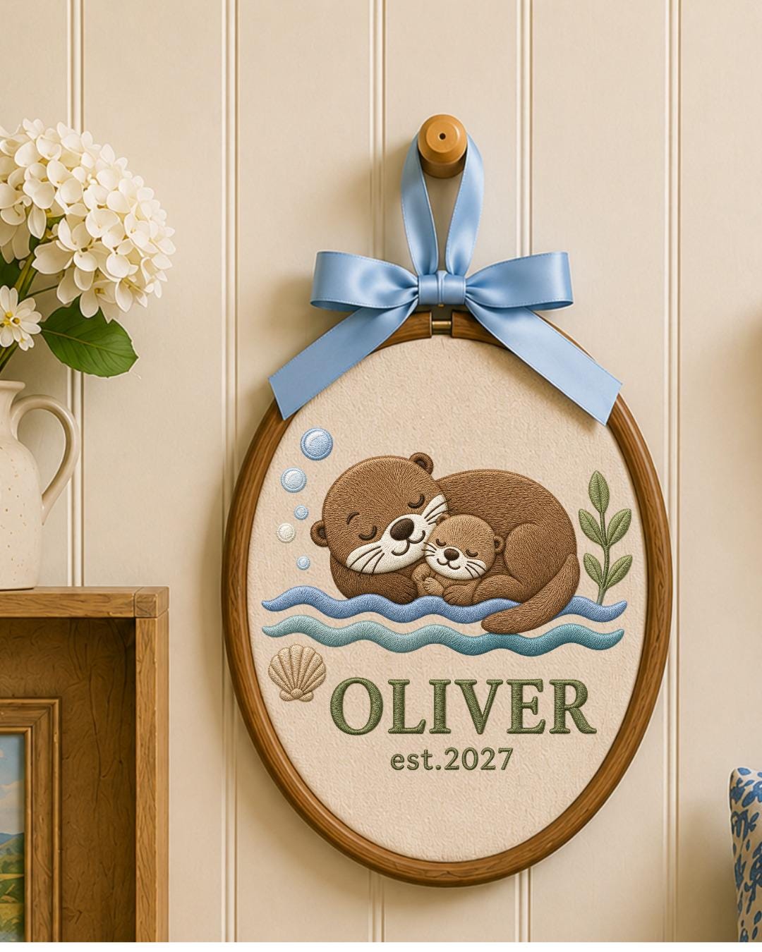 Personalized Embroidered Otter Ornament, Custom Baby Name Hoop, Sea Otter Nursery Decor, Newborn Keepsake Gift, Baby Shower Gift