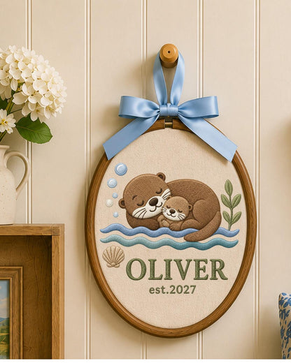 Personalized Embroidered Otter Ornament, Custom Baby Name Hoop, Sea Otter Nursery Decor, Newborn Keepsake Gift, Baby Shower Gift