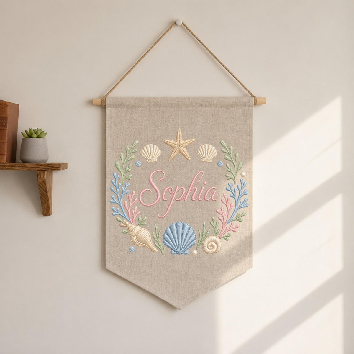Personalized Embroidered Seashell Wall Hanging Banner, Custom Baby Name Sign, Coastal Nursery Decor, Ocean Baby Gift, Beach Kids Room Decor