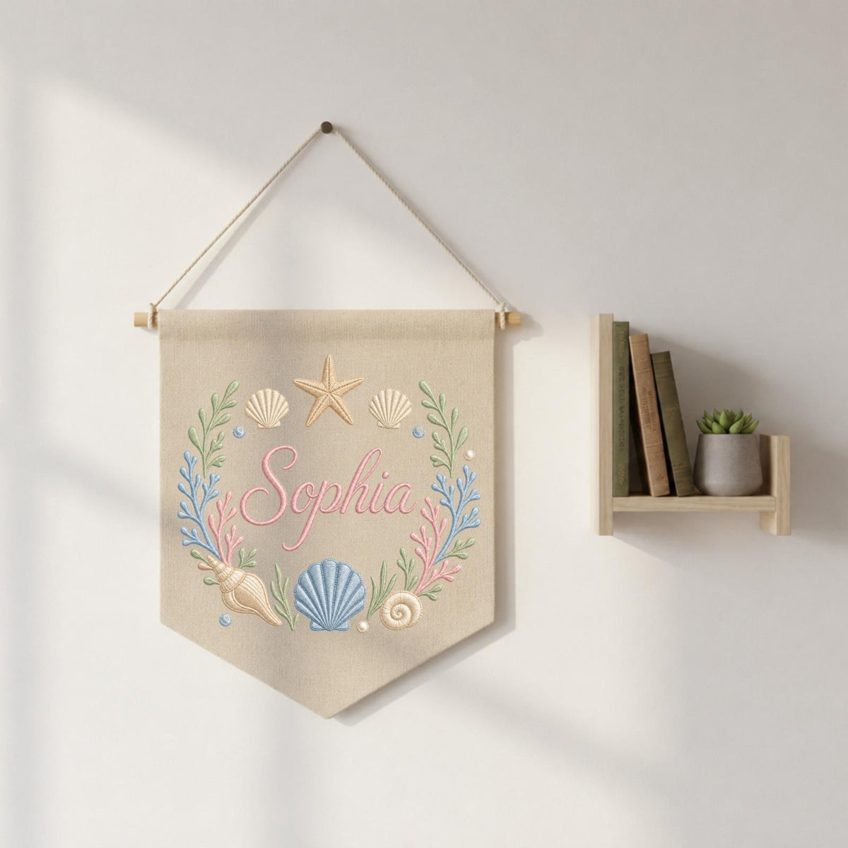 Personalized Embroidered Seashell Wall Hanging Banner, Custom Baby Name Sign, Coastal Nursery Decor, Ocean Baby Gift, Beach Kids Room Decor