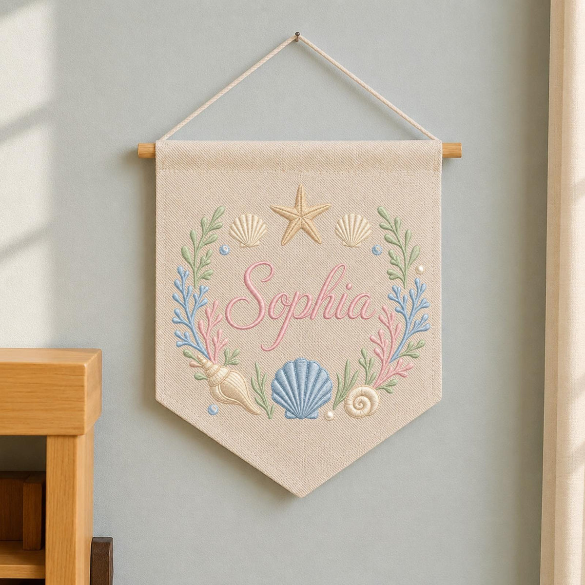 Personalized Embroidered Seashell Wall Hanging Banner, Custom Baby Name Sign, Coastal Nursery Decor, Ocean Baby Gift, Beach Kids Room Decor