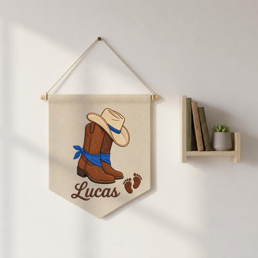 Personalized Embroidered Cowboy Wall Hanging Banner, Custom Baby Name Sign, Western Nursery Decor, Baby Shower Gift, Cowboy Baby Room Decor