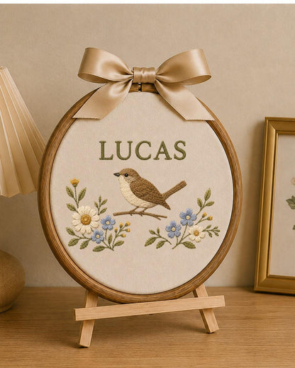 Personalized Embroidered Bird Ornament, Custom Baby Name Hoop, Floral Bird Nursery Decor, Woodland Baby Gift, Newborn Keepsake