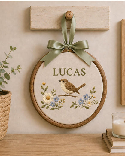 Personalized Embroidered Bird Ornament, Custom Baby Name Hoop, Floral Bird Nursery Decor, Woodland Baby Gift, Newborn Keepsake