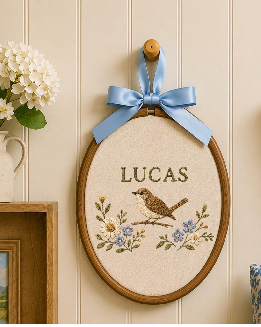 Personalized Embroidered Bird Ornament, Custom Baby Name Hoop, Floral Bird Nursery Decor, Woodland Baby Gift, Newborn Keepsake
