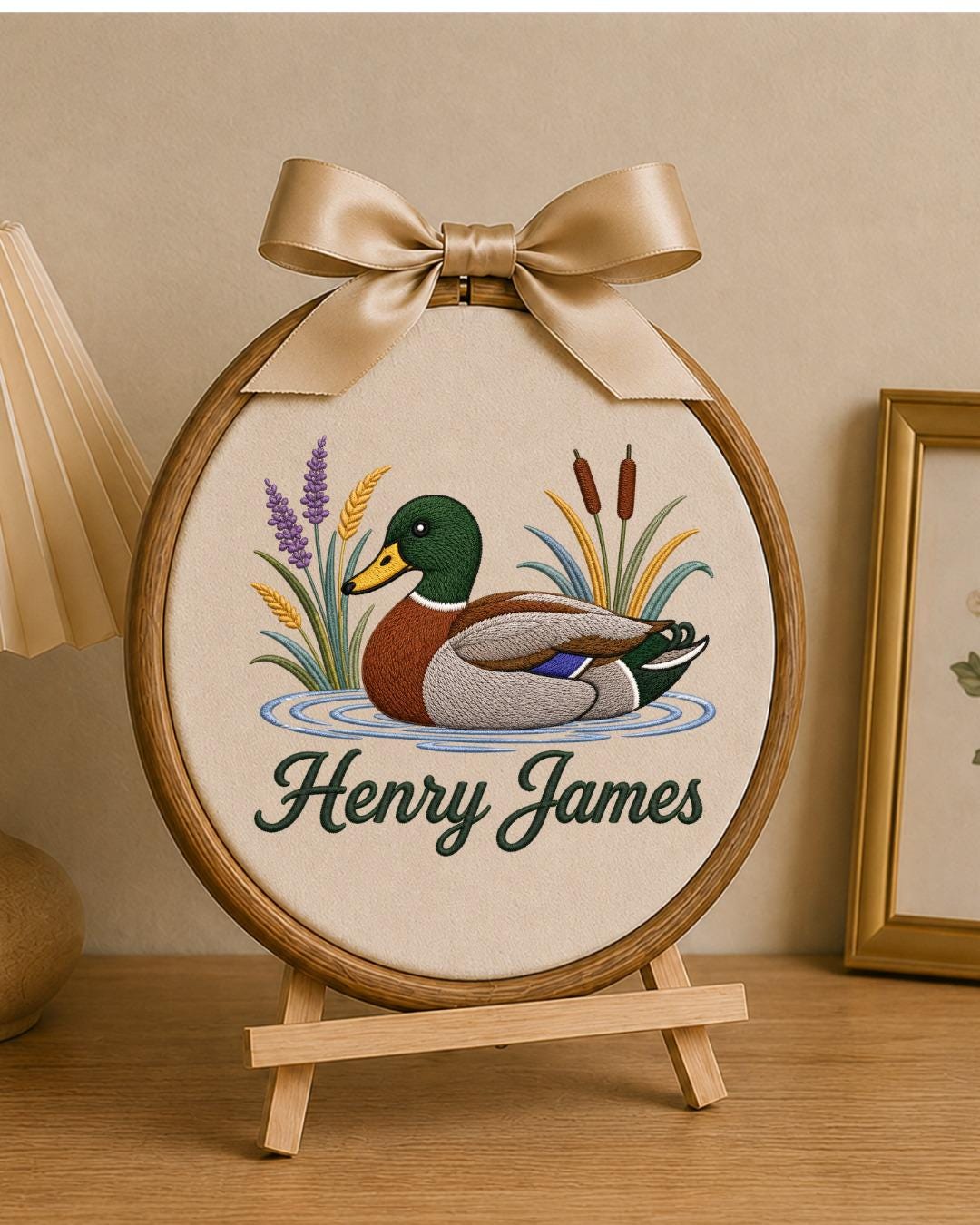 Personalized Embroidered Mallard Duck Ornament, Custom Baby Name Hoop, Duck Hunting Nursery Decor, Woodland Baby Gift, Newborn Keepsake
