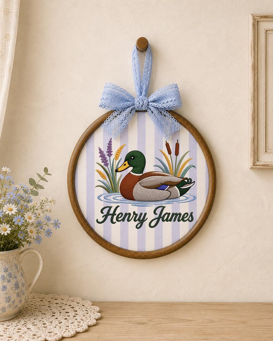 Personalized Embroidered Mallard Duck Ornament, Custom Baby Name Hoop, Duck Hunting Nursery Decor, Woodland Baby Gift, Newborn Keepsake