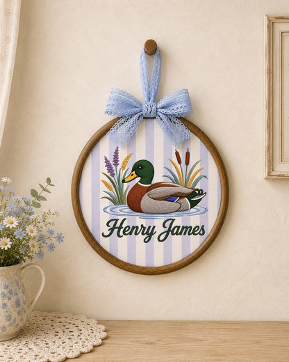 Personalized Embroidered Mallard Duck Ornament, Custom Baby Name Hoop, Duck Hunting Nursery Decor, Woodland Baby Gift, Newborn Keepsake