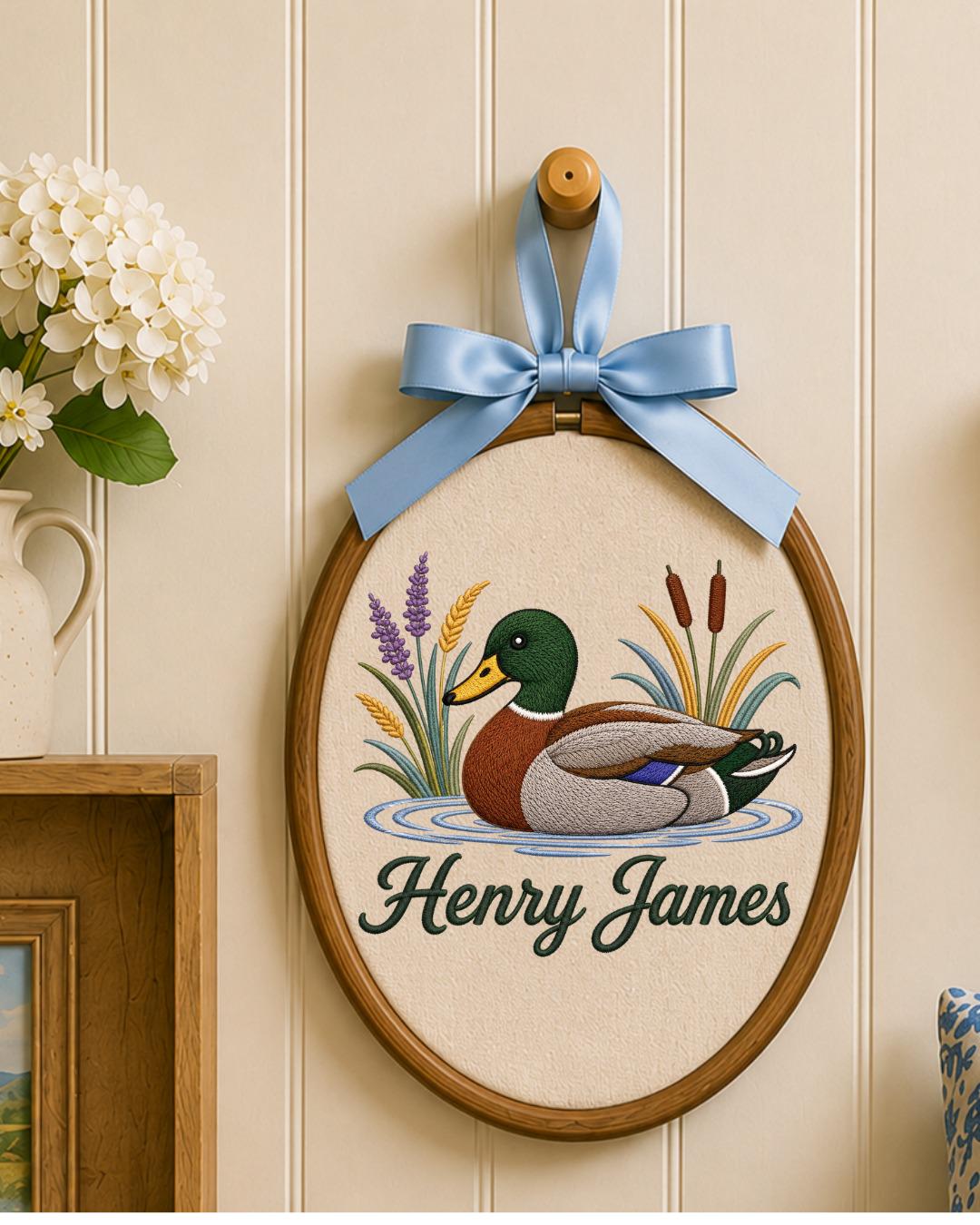 Personalized Embroidered Mallard Duck Ornament, Custom Baby Name Hoop, Duck Hunting Nursery Decor, Woodland Baby Gift, Newborn Keepsake