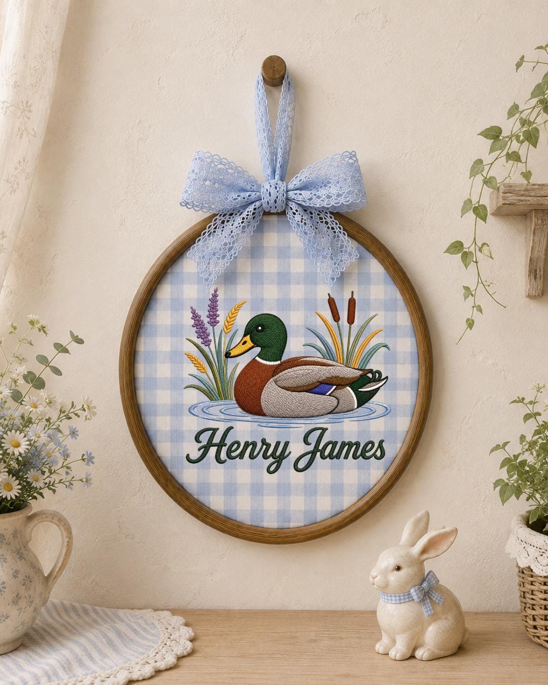 Personalized Embroidered Mallard Duck Ornament, Custom Baby Name Hoop, Duck Hunting Nursery Decor, Woodland Baby Gift, Newborn Keepsake