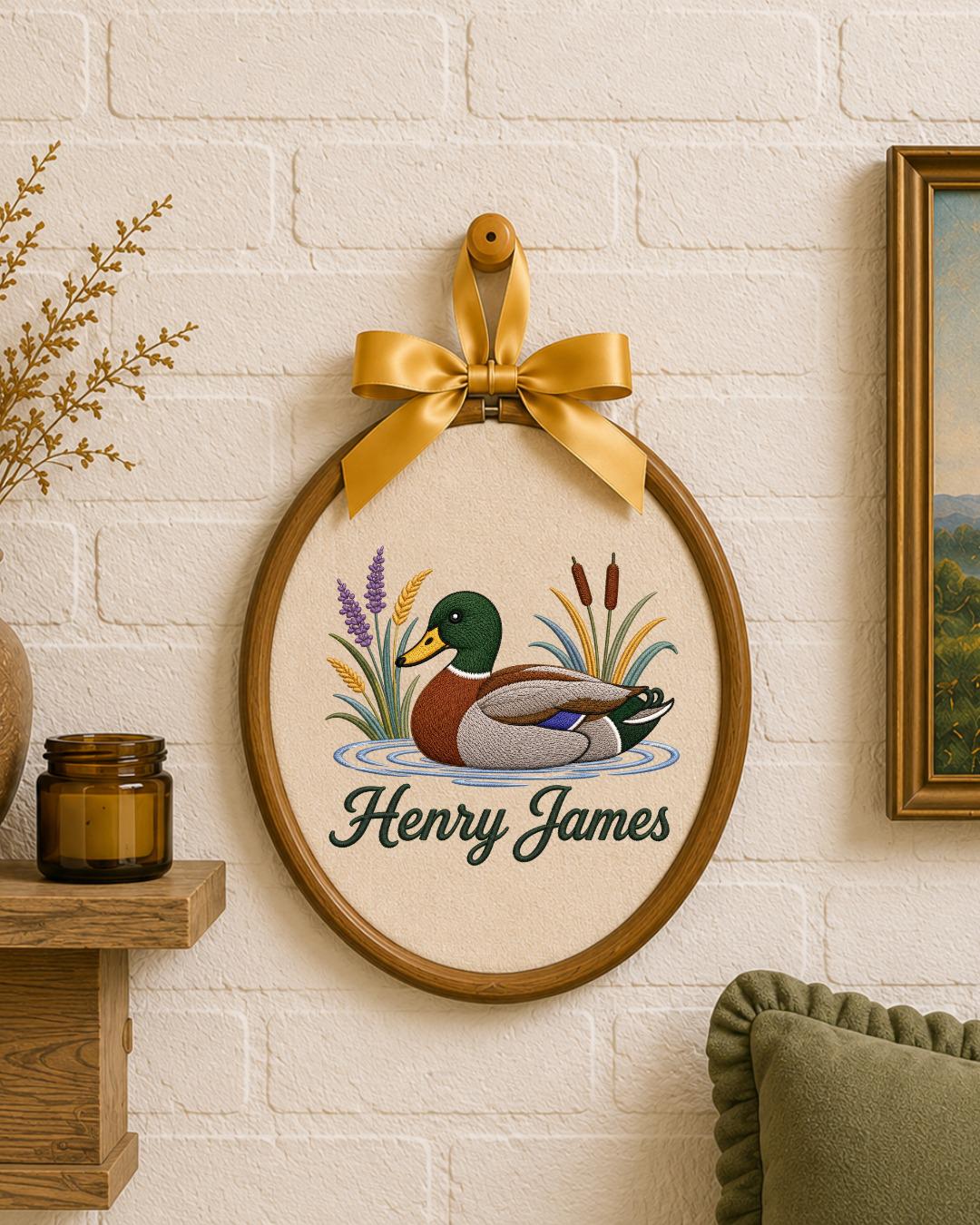 Personalized Embroidered Mallard Duck Ornament, Custom Baby Name Hoop, Duck Hunting Nursery Decor, Woodland Baby Gift, Newborn Keepsake