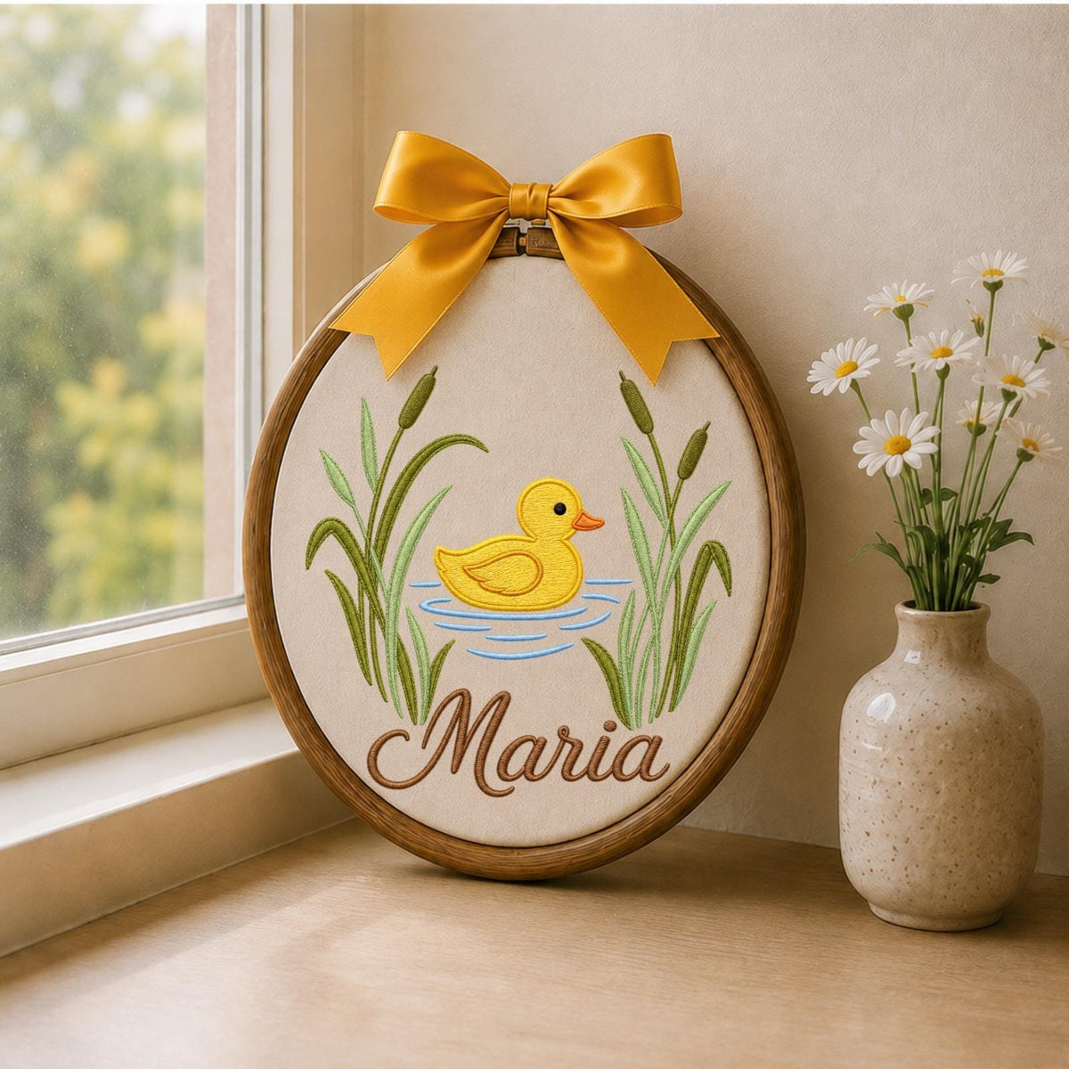 Personalized Embroidered Ornament, Duck Name Hoop, Baby Girl Nursery Decor, Yellow Duckling Wall Art, Baby Shower Gift, Newborn Keepsake