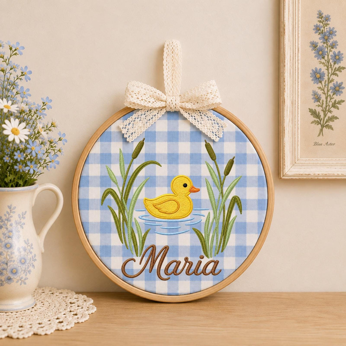 Personalized Embroidered Ornament, Duck Name Hoop, Baby Girl Nursery Decor, Yellow Duckling Wall Art, Baby Shower Gift, Newborn Keepsake