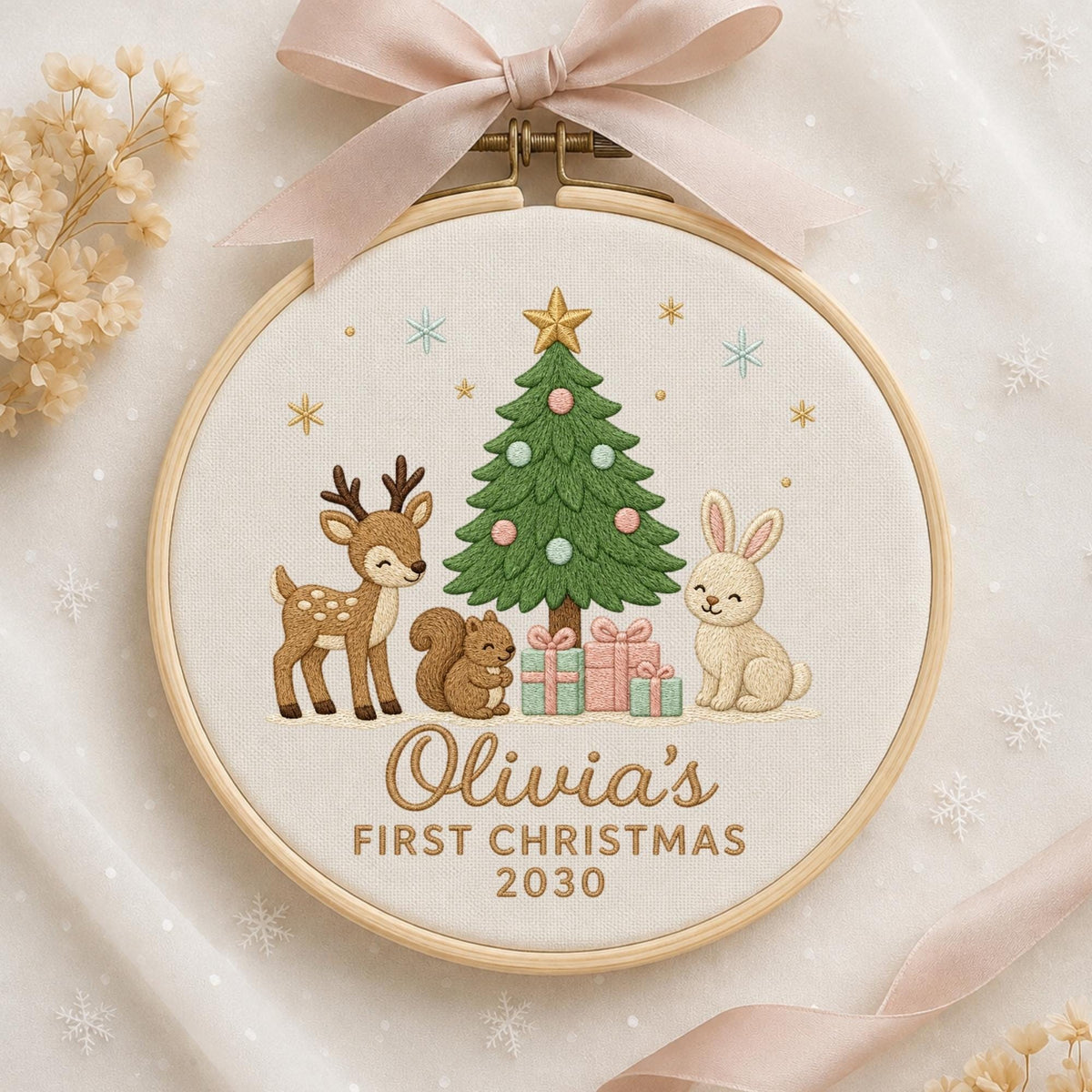 May include: A round wooden embroidery hoop containing fabric with a stitched design of a green Christmas tree, a brown deer, a squirrel, and a rabbit. Below are three gift boxes and the text Olivia's FIRST CHRISTMAS 2030. A light pink ribbon is tied at the top.