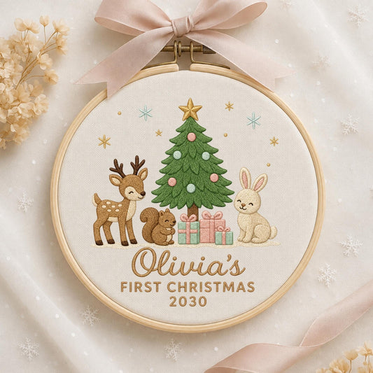 May include: A round wooden embroidery hoop containing fabric with a stitched design of a green Christmas tree, a brown deer, a squirrel, and a rabbit. Below are three gift boxes and the text Olivia's FIRST CHRISTMAS 2030. A light pink ribbon is tied at the top.