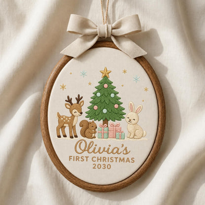 May include: An oval wooden embroidery hoop ornament featuring a beige fabric background with a stitched Christmas tree, a deer, a squirrel, and a rabbit. Below the animals, the text reads Olivia's FIRST CHRISTMAS 2030. A beige bow is attached.