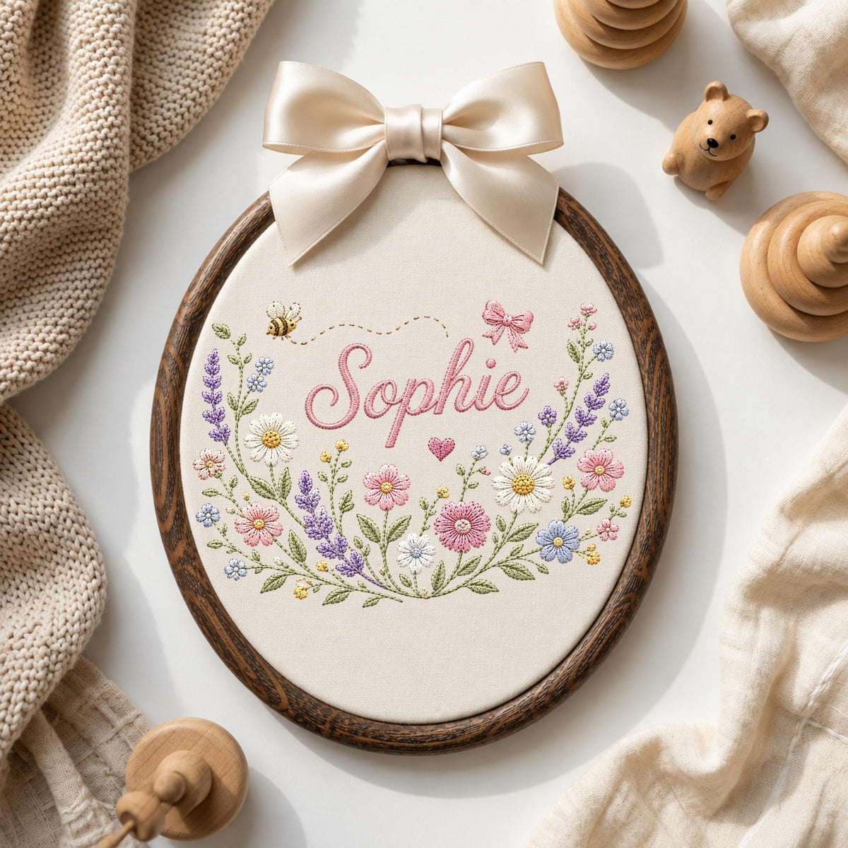 May include: An oval wooden embroidery hoop containing cream fabric with the name Sophie stitched in pink cursive. The design features colorful embroidered wildflowers, a small bee, a pink bow, and a heart. A cream satin bow is attached to the top.