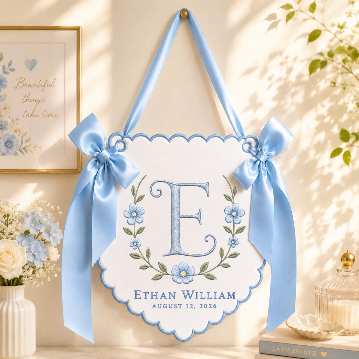 Personalized Baby Monogram Scalloped Banner Decor, Custom Embroidered Name Date Initial Wall Hanging Sign, Christening Newborn Gift