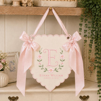 Personalized Baby Monogram Scalloped Banner Decor, Custom Embroidered Name Date Initial Wall Hanging Sign, Christening Newborn Gift