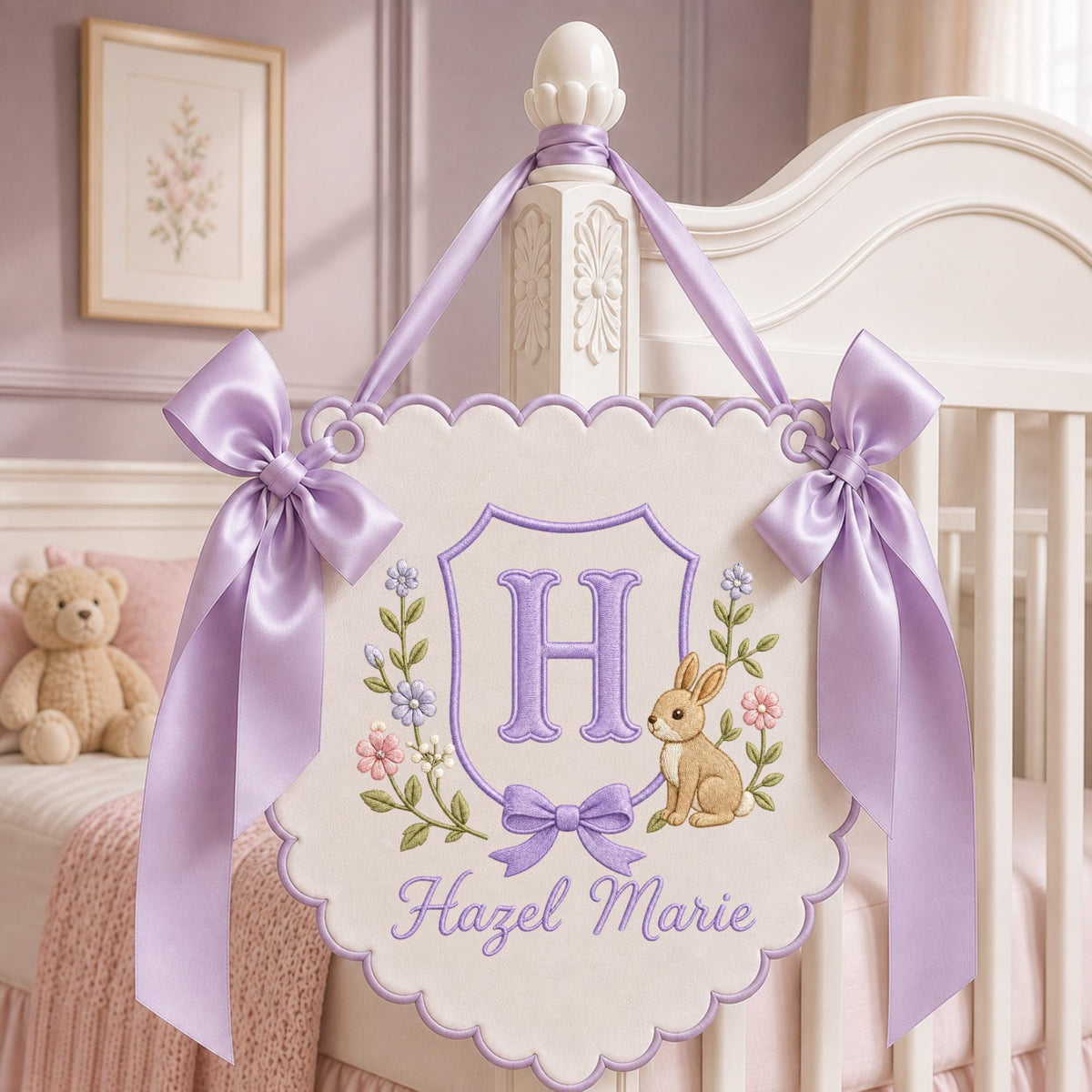 Personalized Monogram Nursery Wall Hanging Banner, Custom Baby Name Sign, Bunny Floral Nursery Decor, Baby Girl Gift, Initial Wall Decor