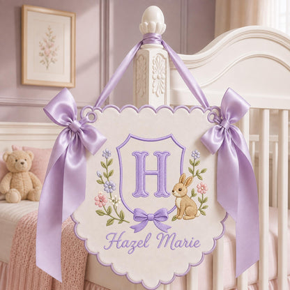 Personalized Monogram Nursery Wall Hanging Banner, Custom Baby Name Sign, Bunny Floral Nursery Decor, Baby Girl Gift, Initial Wall Decor