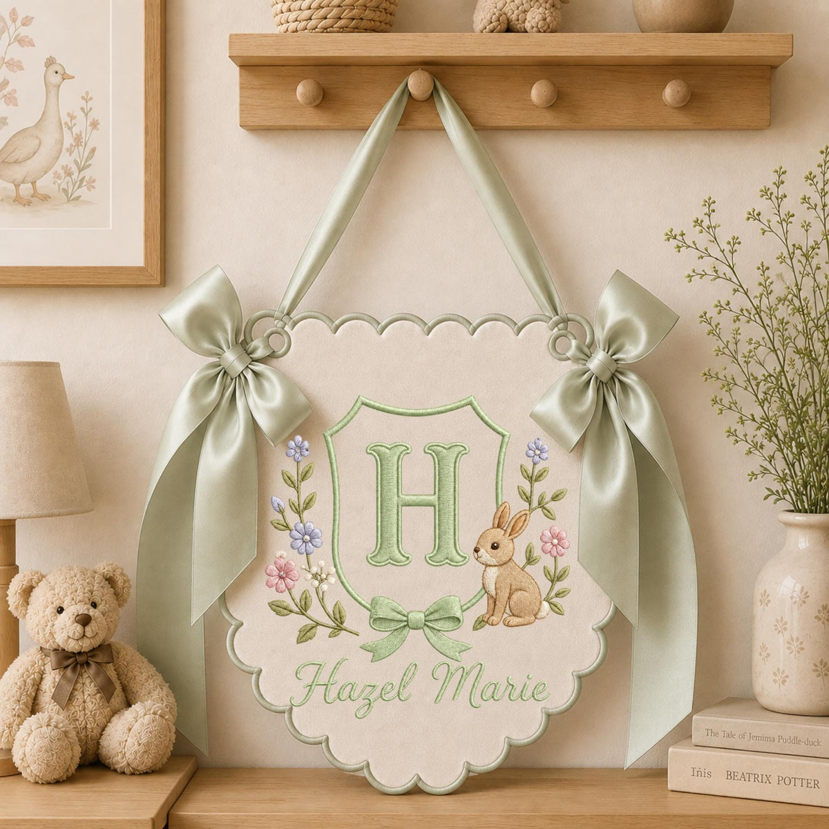 Personalized Monogram Nursery Wall Hanging Banner, Custom Baby Name Sign, Bunny Floral Nursery Decor, Baby Girl Gift, Initial Wall Decor