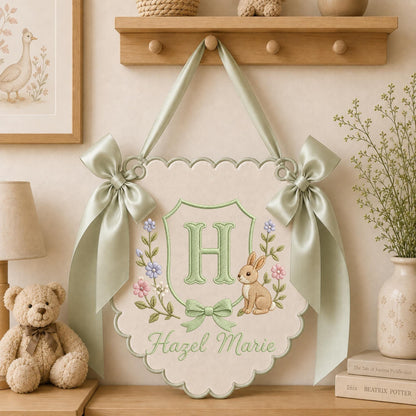Personalized Monogram Nursery Wall Hanging Banner, Custom Baby Name Sign, Bunny Floral Nursery Decor, Baby Girl Gift, Initial Wall Decor