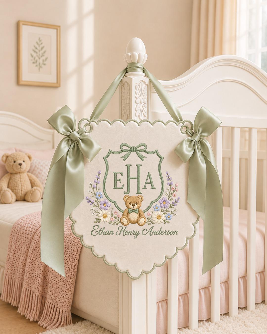 Personalized Embroidered Baby Name Banner, Custom Nursery Wall Decor, Teddy Bear Baby Gift, Baby Boy Name Sign, Newborn Keepsake
