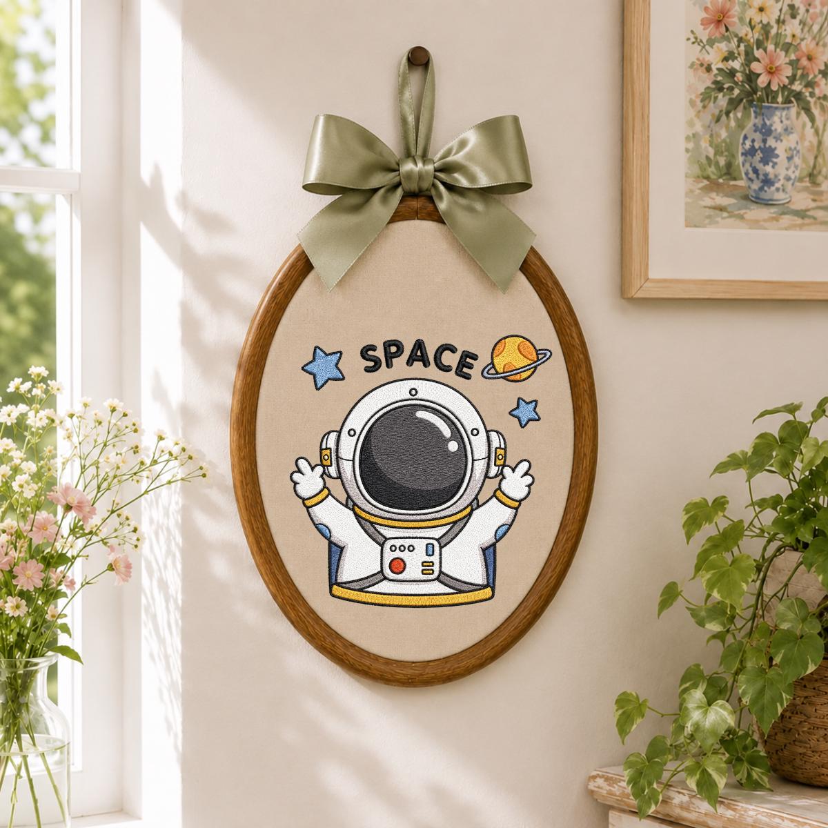 Embroidered Astronaut Space Wall Art Decor, Cute Spaceman Galaxy Planet Stars Oval Wood Hoop Hanging Sign, Baby Boy Room Decor, Gift