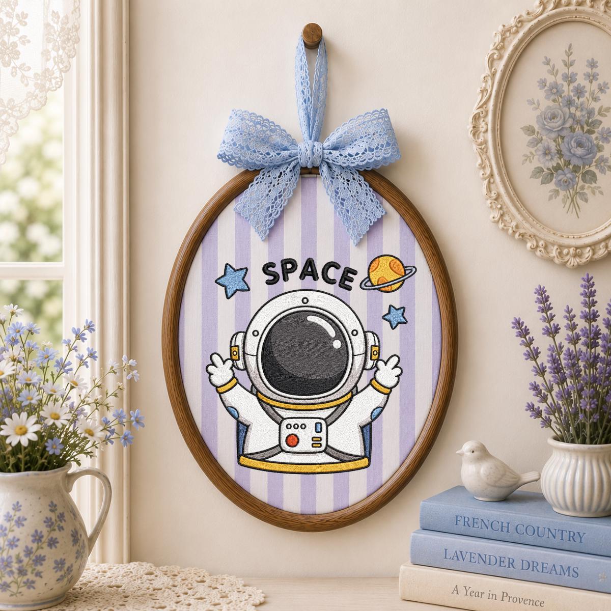 Embroidered Astronaut Space Wall Art Decor, Cute Spaceman Galaxy Planet Stars Oval Wood Hoop Hanging Sign, Baby Boy Room Decor, Gift