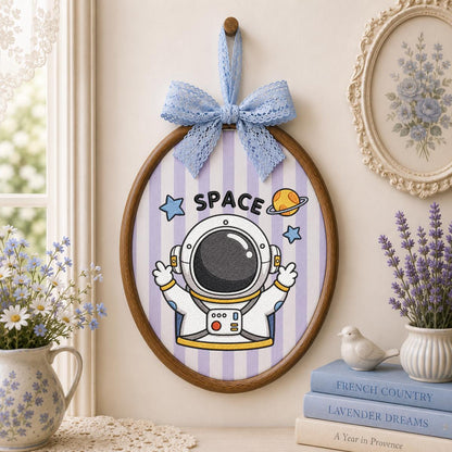 Embroidered Astronaut Space Wall Art Decor, Cute Spaceman Galaxy Planet Stars Oval Wood Hoop Hanging Sign, Baby Boy Room Decor, Gift