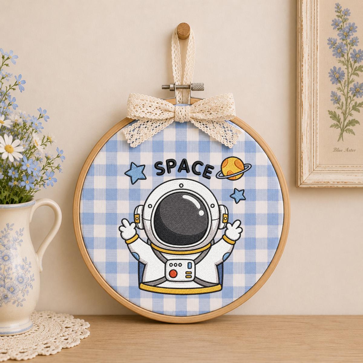 Embroidered Astronaut Space Wall Art Decor, Cute Spaceman Galaxy Planet Stars Oval Wood Hoop Hanging Sign, Baby Boy Room Decor, Gift