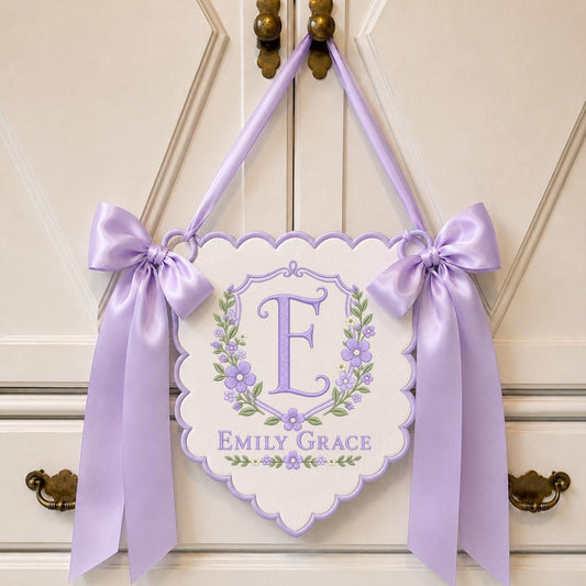 Custom Name Initial Embroidered Scalloped Wall Banner Decor, Lavender Satin Bows Purple Floral Crest Baby Shower Newborn Gift