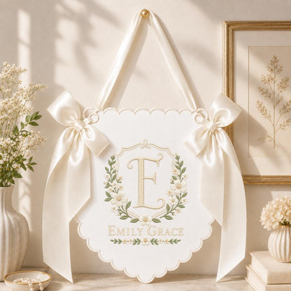 Custom Name Initial Embroidered Scalloped Wall Banner Decor, Lavender Satin Bows Purple Floral Crest Baby Shower Newborn Gift