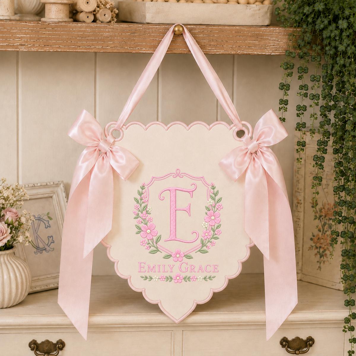 Custom Name Initial Embroidered Scalloped Wall Banner Decor, Lavender Satin Bows Purple Floral Crest Baby Shower Newborn Gift