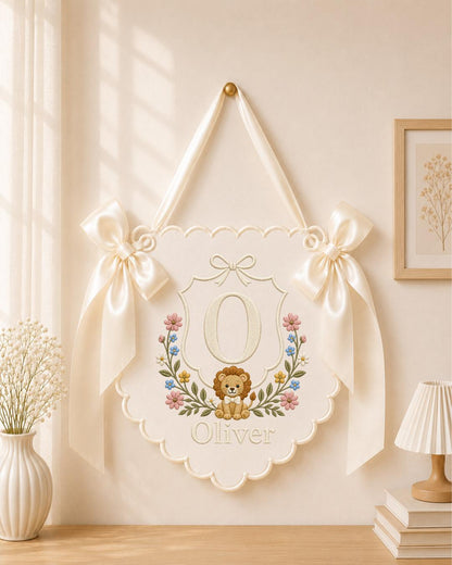 Personalized Embroidered Baby Name Banner, Custom Nursery Wall Decor, Lion Monogram Name Sign, Floral Baby Room Decor, Newborn Gift