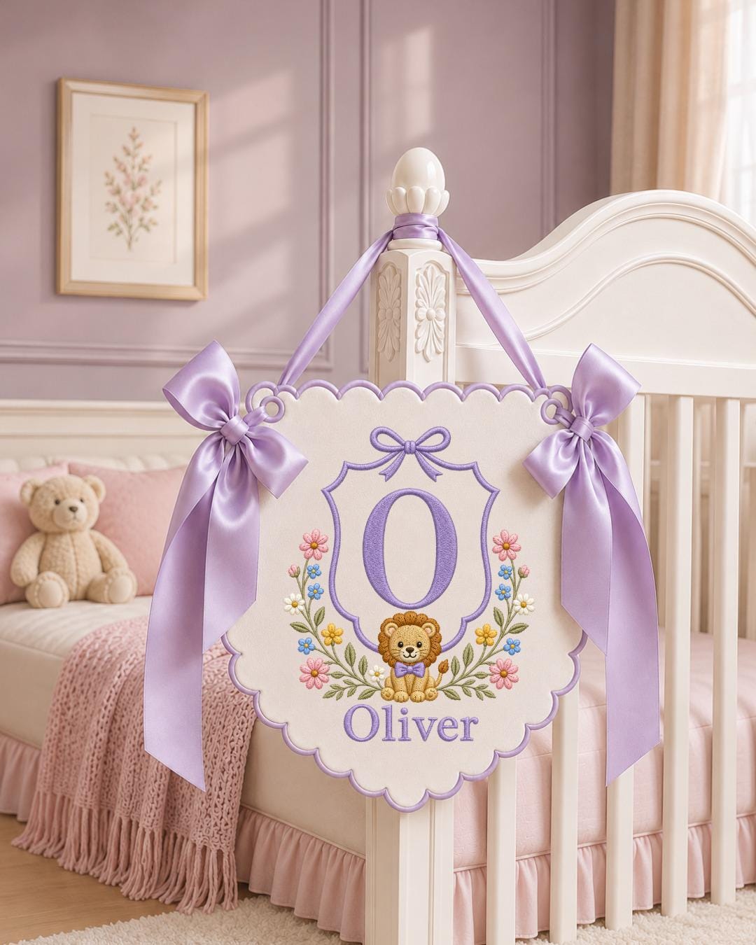 Personalized Embroidered Baby Name Banner, Custom Nursery Wall Decor, Lion Monogram Name Sign, Floral Baby Room Decor, Newborn Gift