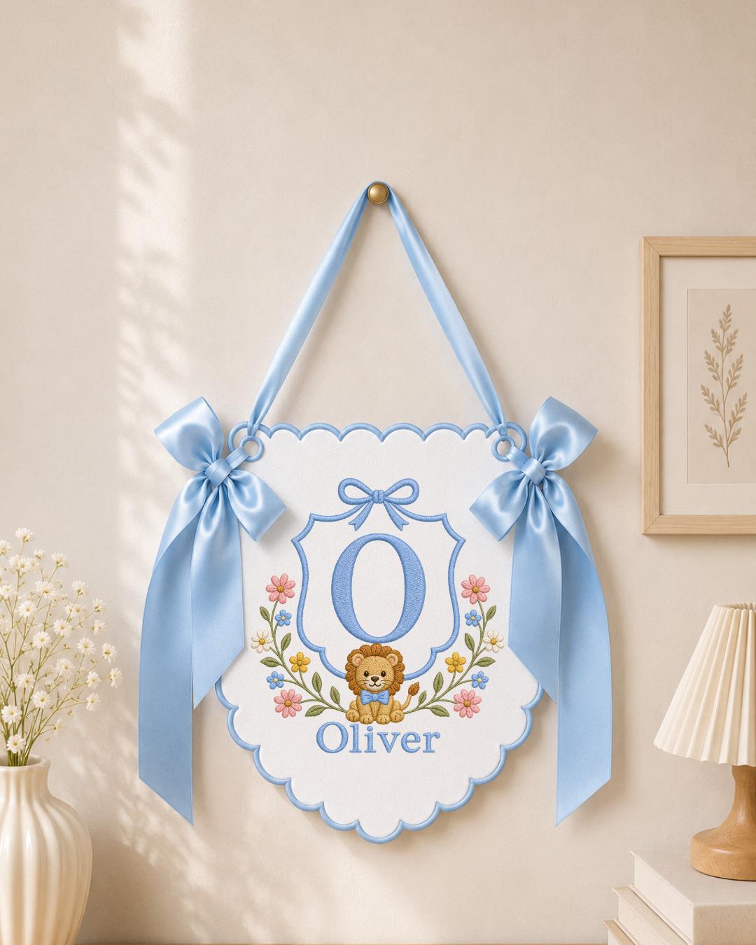 Personalized Embroidered Baby Name Banner, Custom Nursery Wall Decor, Lion Monogram Name Sign, Floral Baby Room Decor, Newborn Gift