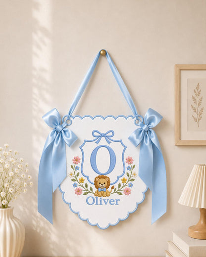 Personalized Embroidered Baby Name Banner, Custom Nursery Wall Decor, Lion Monogram Name Sign, Floral Baby Room Decor, Newborn Gift