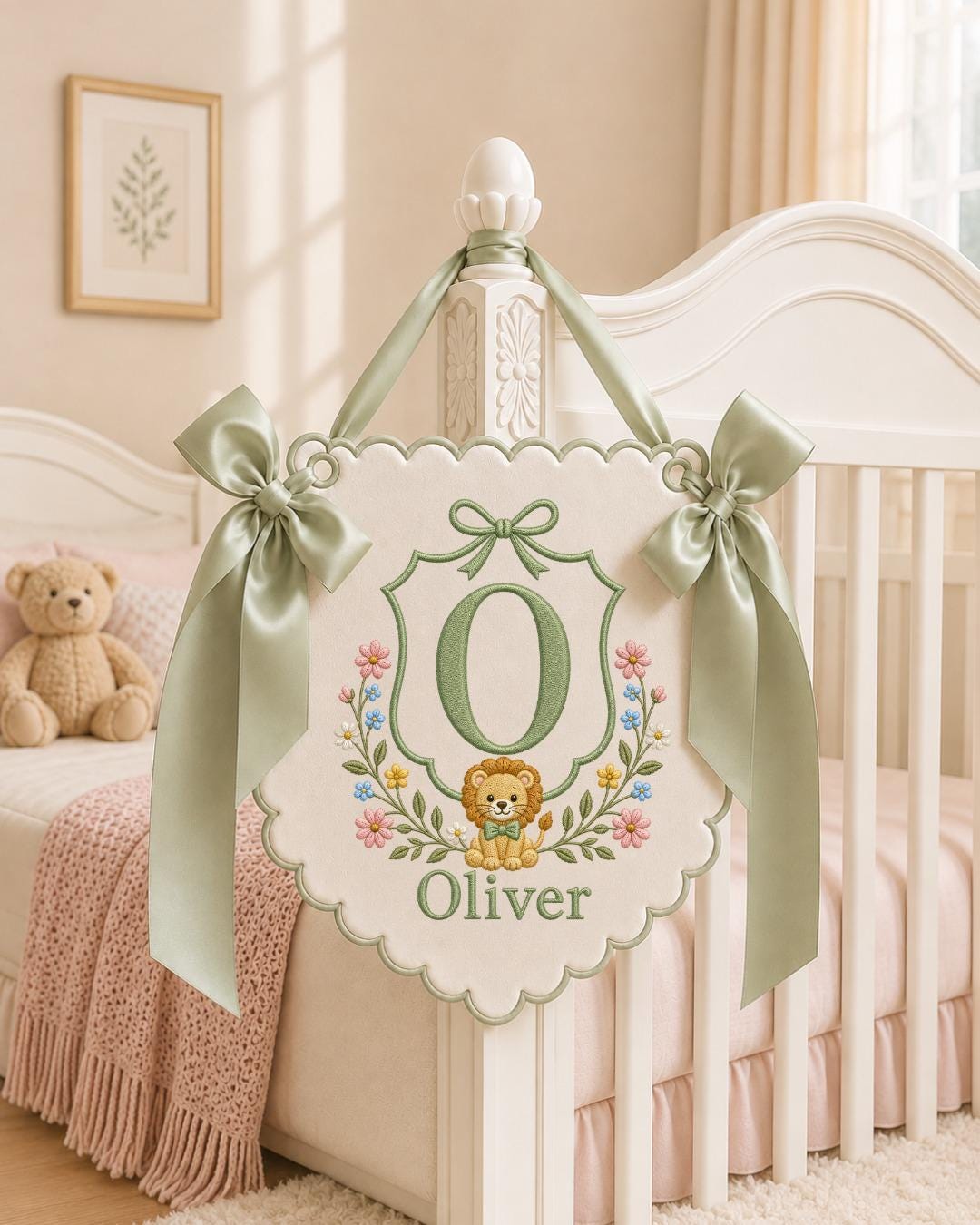 Personalized Embroidered Baby Name Banner, Custom Nursery Wall Decor, Lion Monogram Name Sign, Floral Baby Room Decor, Newborn Gift