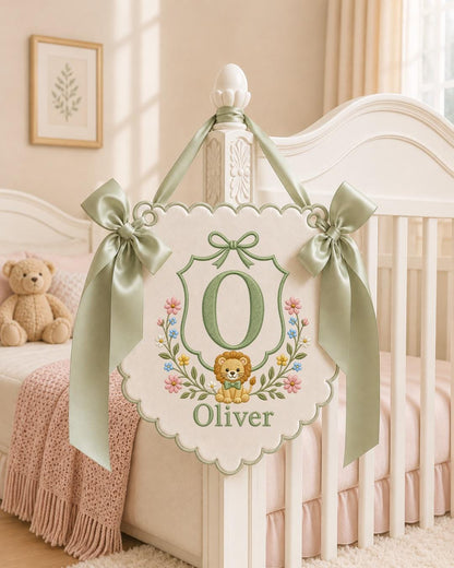 Personalized Embroidered Baby Name Banner, Custom Nursery Wall Decor, Lion Monogram Name Sign, Floral Baby Room Decor, Newborn Gift