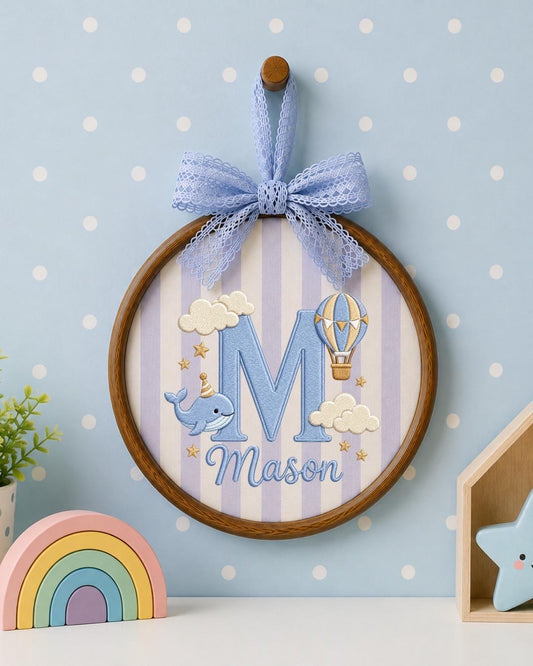 Personalized Baby Name Embroidered Ornament, Custom Monogram Nursery Decor, Whale Hot Air Balloon Name Sign, Baby Boy Gift, Newborn Keepsake