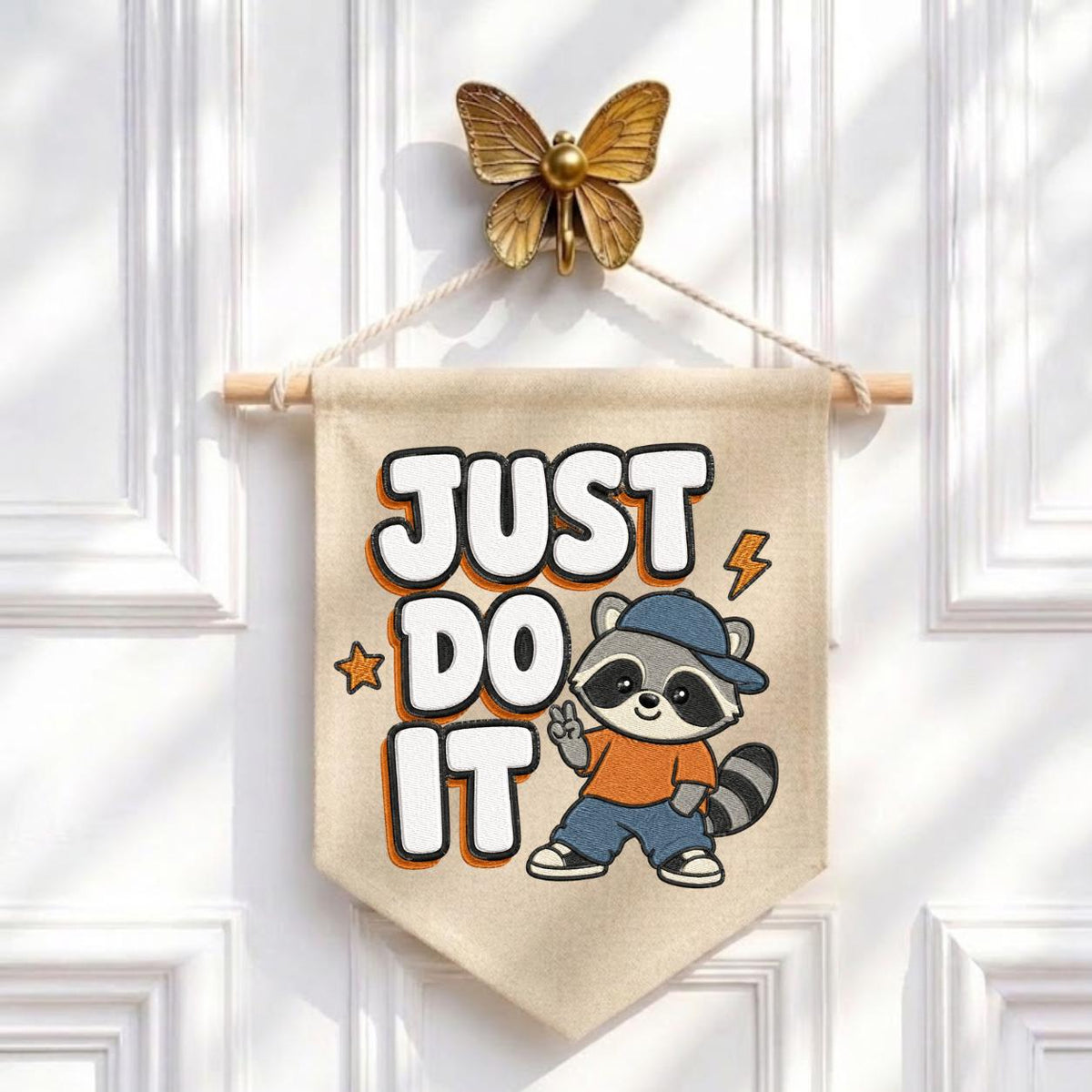 Embroidered Just Do It Raccoon Canvas Pennant Banner Decor, Cool Animal Streetwear Kids Room Playroom Wall Hanging Sign, Boy Birthday Gift