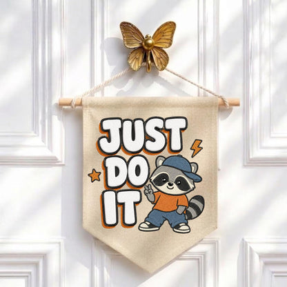 Embroidered Just Do It Raccoon Canvas Pennant Banner Decor, Cool Animal Streetwear Kids Room Playroom Wall Hanging Sign, Boy Birthday Gift