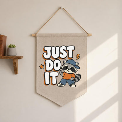 Embroidered Just Do It Raccoon Canvas Pennant Banner Decor, Cool Animal Streetwear Kids Room Playroom Wall Hanging Sign, Boy Birthday Gift