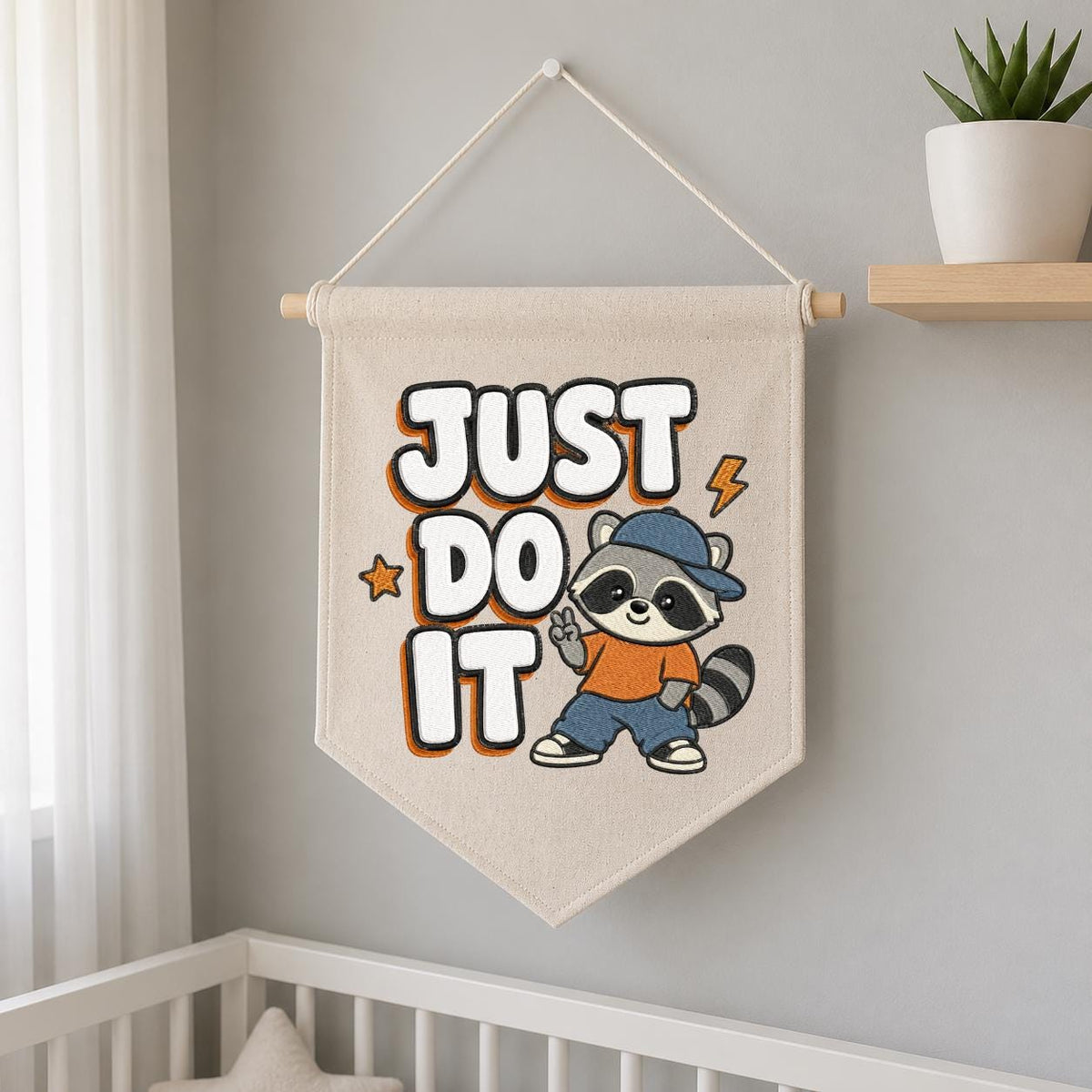 Embroidered Just Do It Raccoon Canvas Pennant Banner Decor, Cool Animal Streetwear Kids Room Playroom Wall Hanging Sign, Boy Birthday Gift